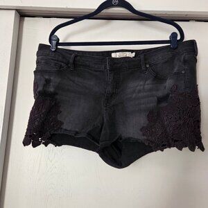 Torrid Size 20 Black Denim Shorts Crochet Lace Distressed Cut-off Jean